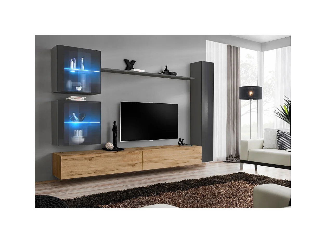 Ensemble meuble salon mural SWITCH XVIII design, coloris chêne Wotan et gris brillant.