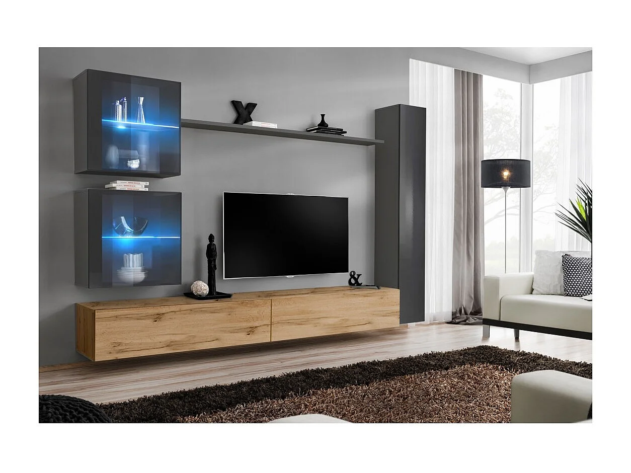Wandmeubelset voor de woonkamer SWITCH XVIII design, in Wotan eiken en glanzend grijs.