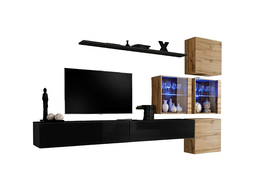Ensemble meubles de salon SWITCH XIX design, coloris noir brillant et chêne Wotan.