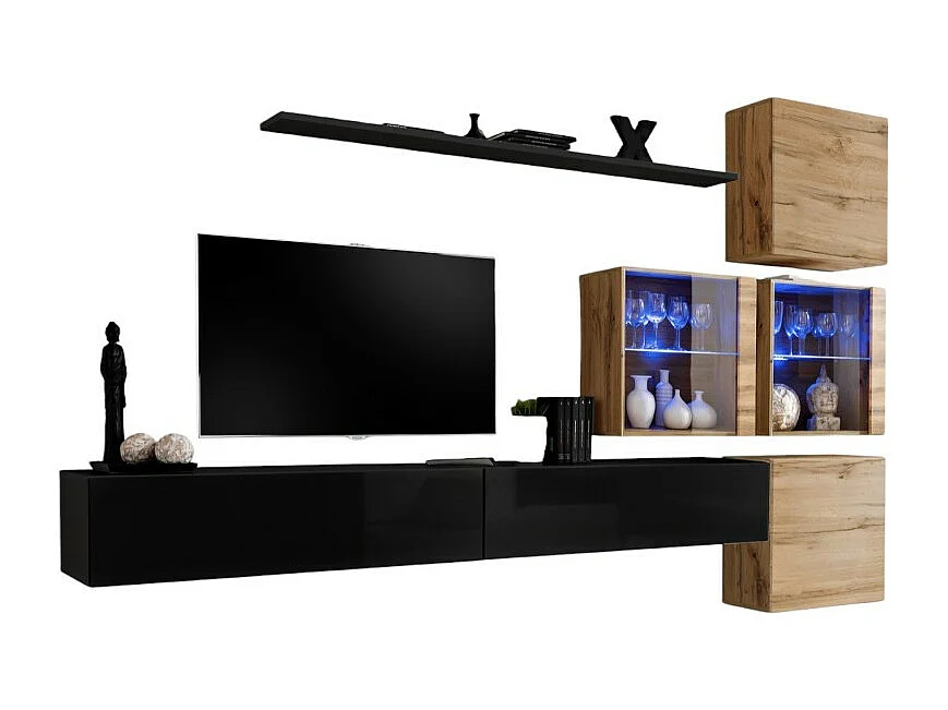 Conjunto de muebles de salón SWITCH XIX diseño, color negro brillante y roble Wotan.