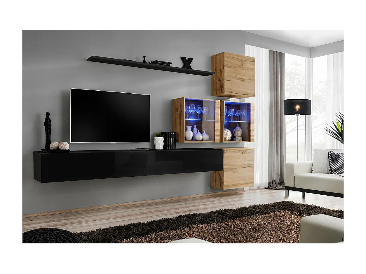 Conjunto de muebles de salón SWITCH XIX diseño, color negro brillante y roble Wotan.