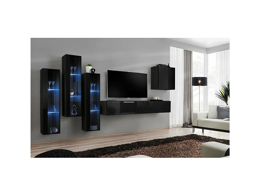 Mobile da salotto murale SWITCH XIII design, colore nero lucido.