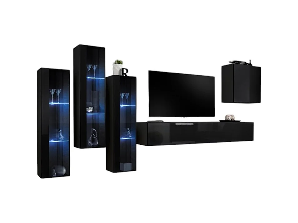 Ensemble meuble salon mural SWITCH XIII design, coloris noir brillant.