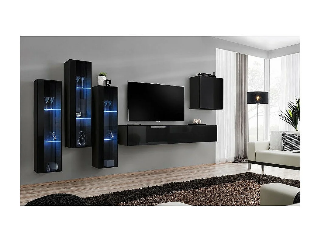 Ensemble meuble salon mural SWITCH XIII design, coloris noir brillant.