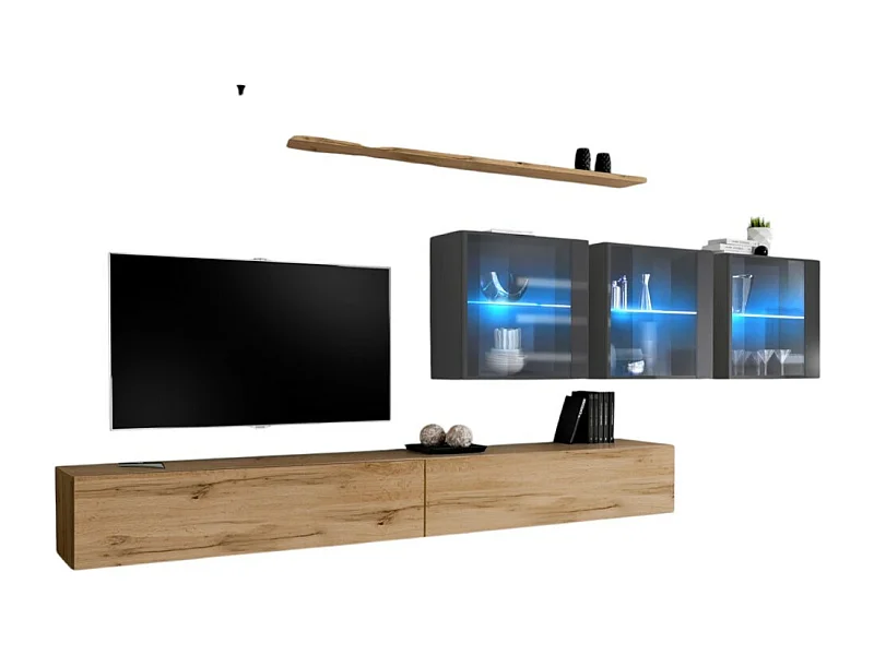 Conjunto de muebles de salón mural SWITCH XVII diseño, color roble Wotan y gris brillante.
