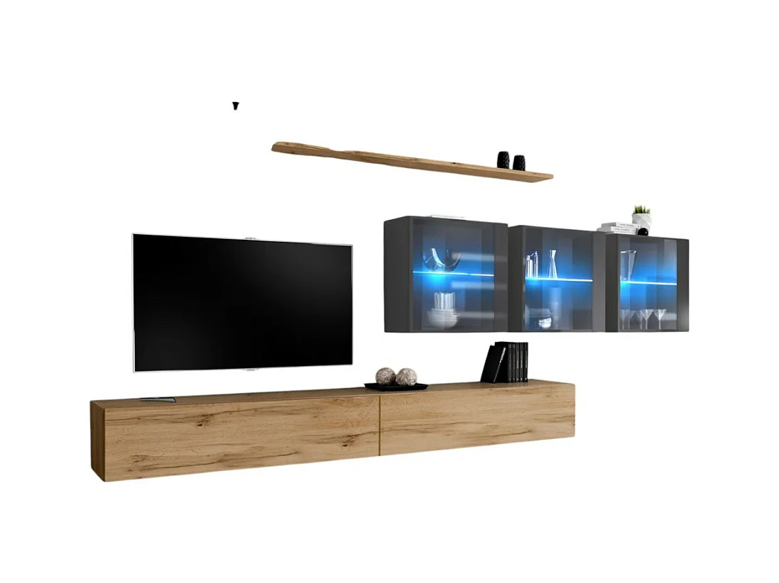 Conjunto de móveis para sala de estar SWITCH XVII design, cor carvalho Wotan e cinza brilhante.