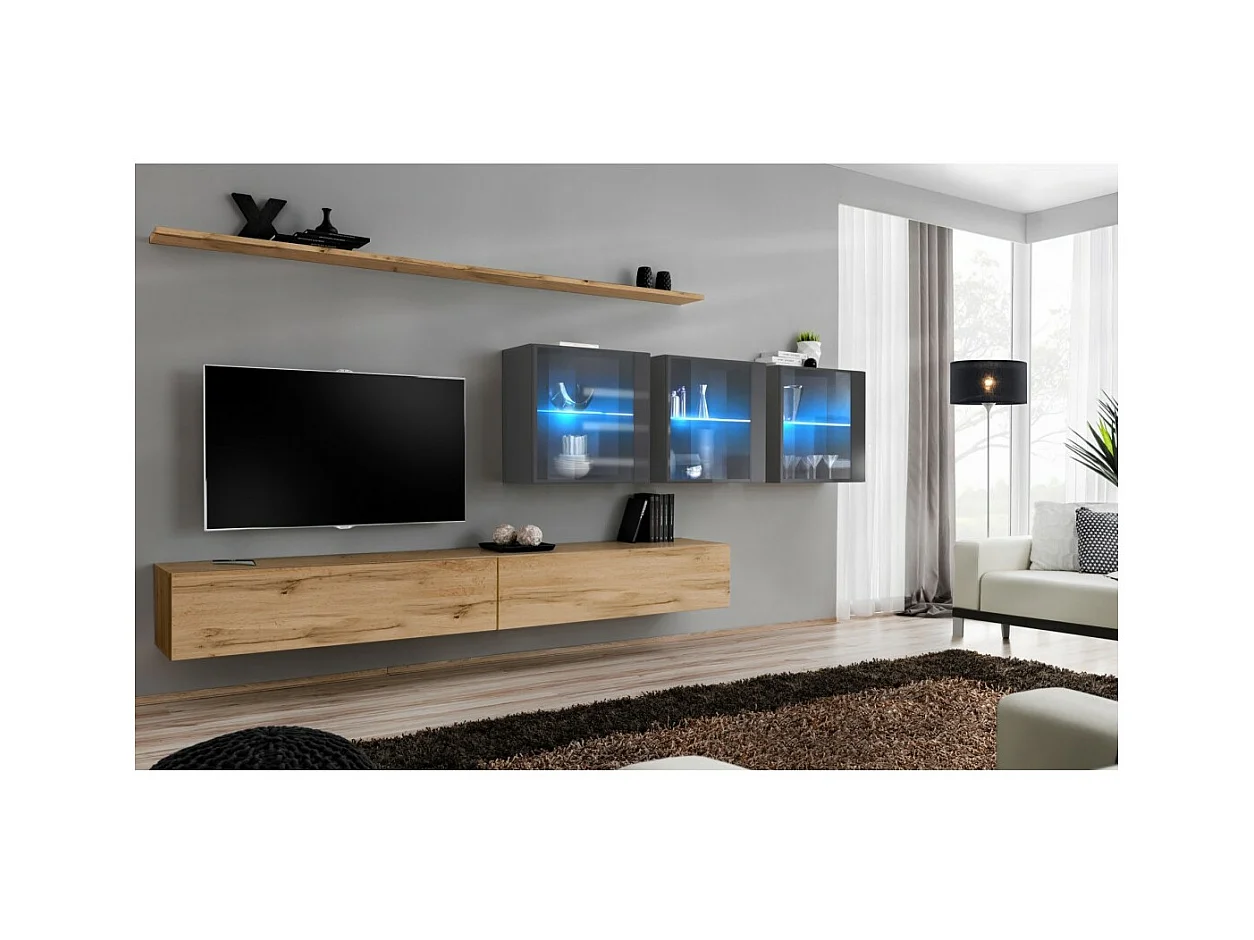 Conjunto de móveis para sala de estar SWITCH XVII design, cor carvalho Wotan e cinza brilhante.
