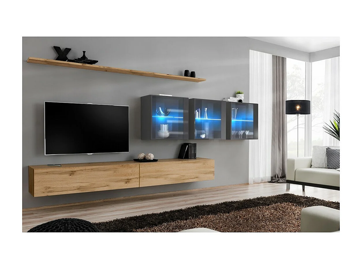 Ensemble meuble salon mural SWITCH XVII design, coloris chêne Wotan et gris brillant.