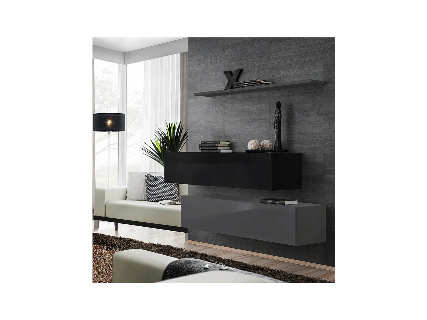 Woonkamer meubelset SWITCH SBII design, in glanzend grijs en zwart.