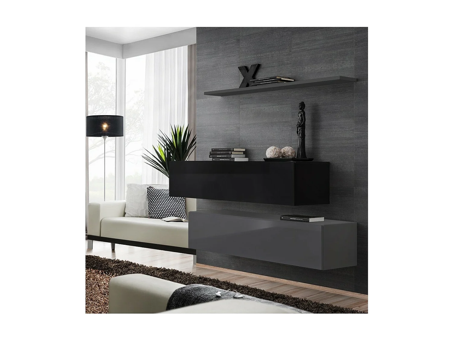 Ensemble meubles de salon SWITCH SBII design, coloris gris et noir brillant.