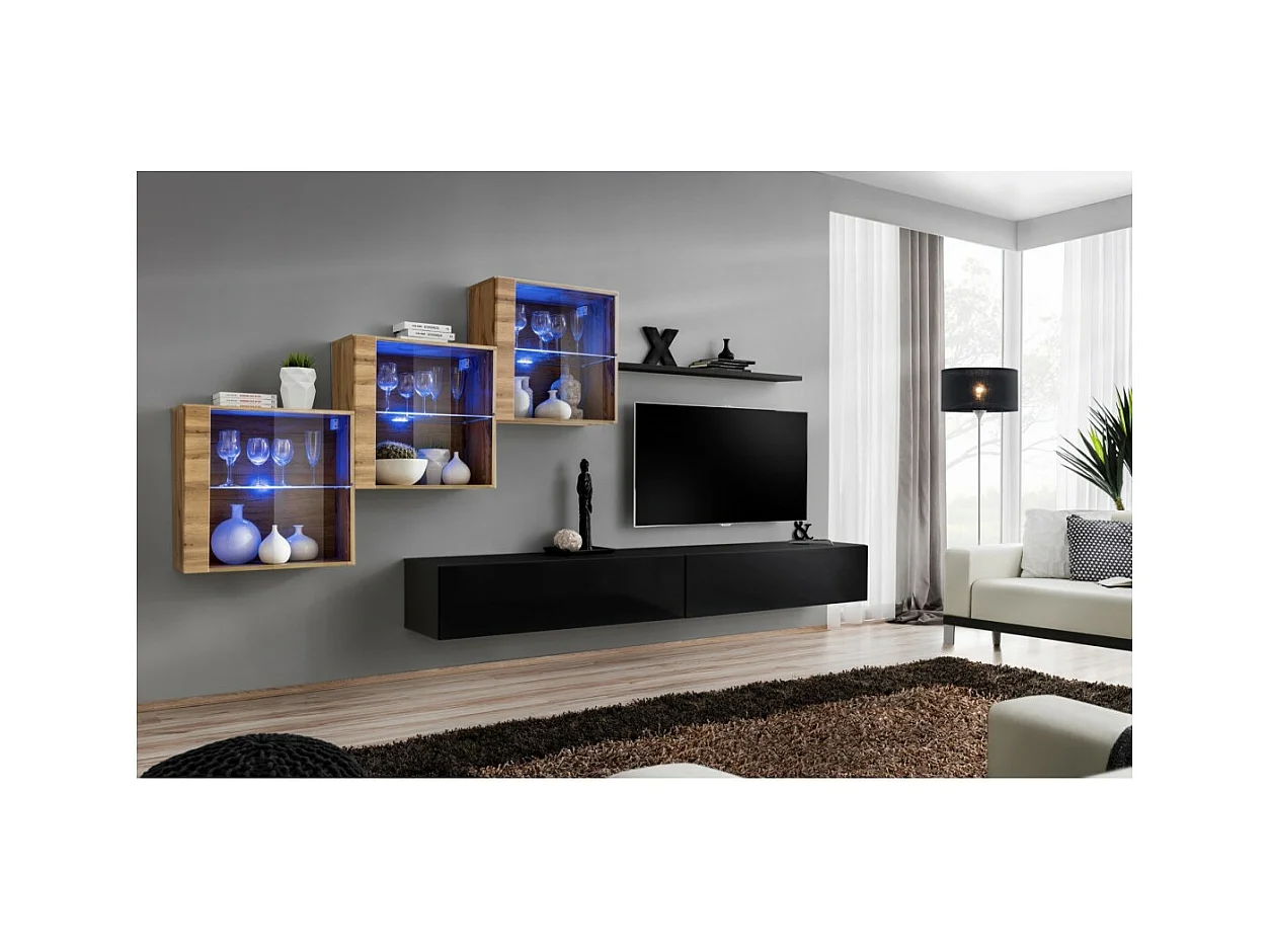 Wohnzimmermöbelset SWITCH XX Design, in glänzendem Schwarz und Wotan-Eiche.