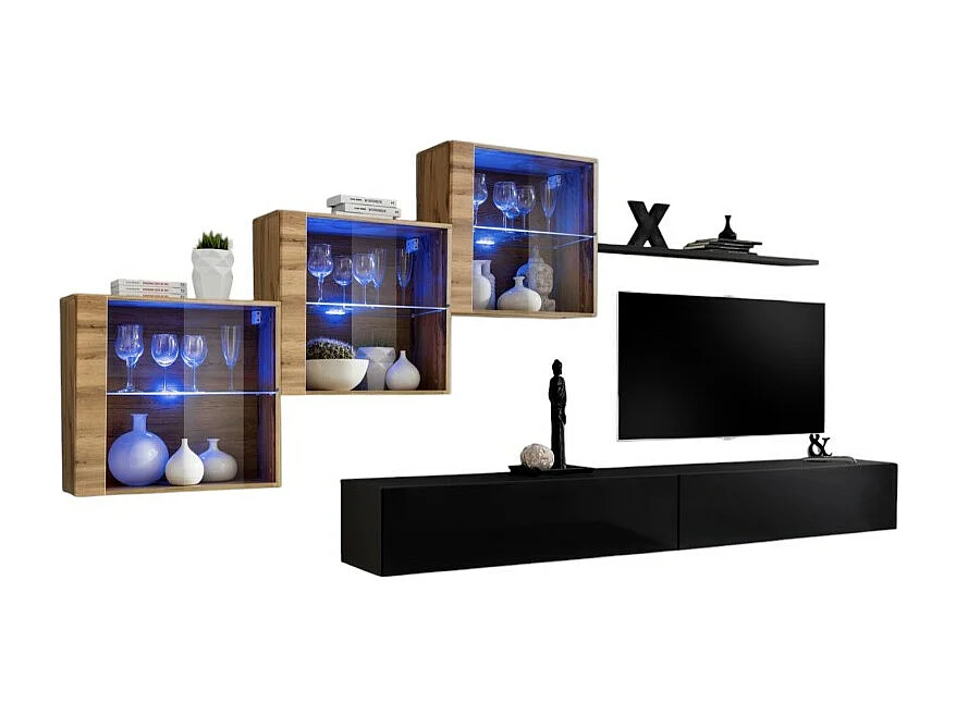 Salonmeubelset SWITCH XX design, in glanzend zwart en Wotan eiken kleur.