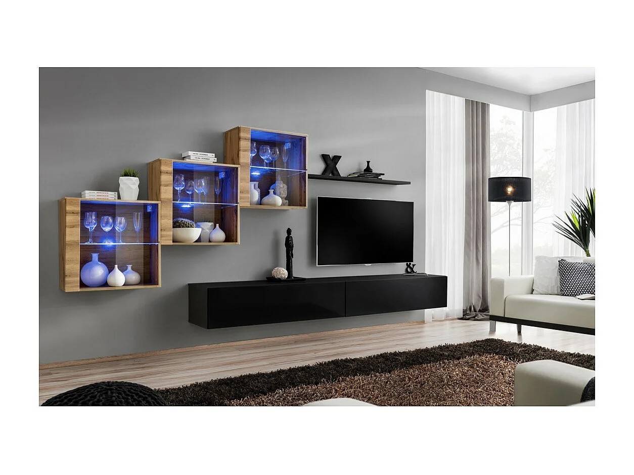 Salonmeubelset SWITCH XX design, in glanzend zwart en Wotan eiken kleur.
