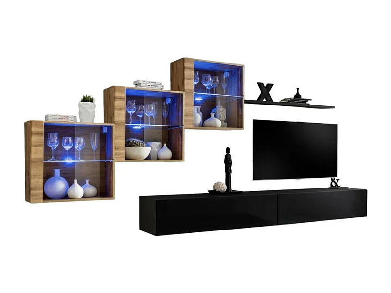 Salonmeubelset SWITCH XX design, in glanzend zwart en Wotan eiken kleur.