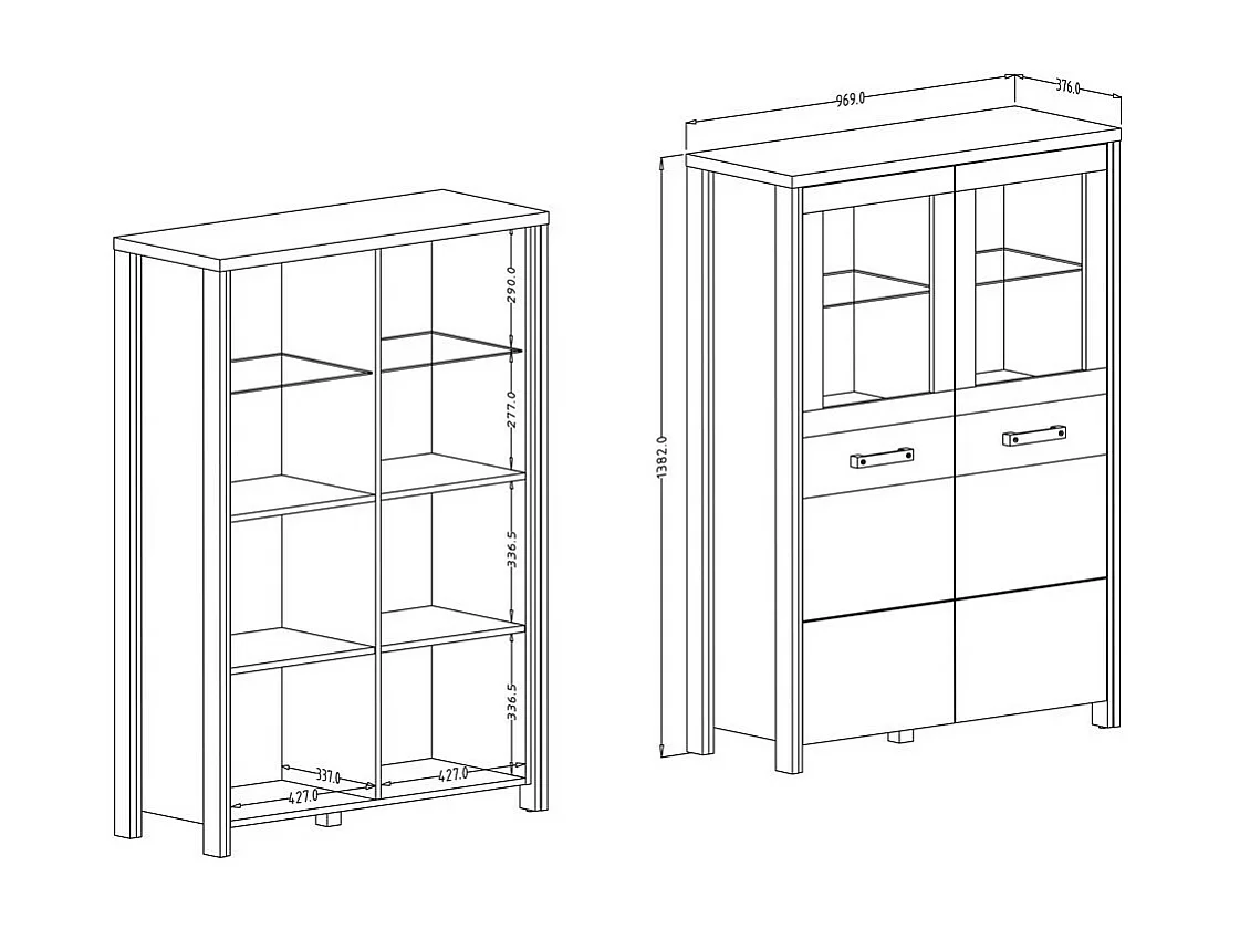 Conjunto de 3 móveis para sala de estar, coleção WINDSOR. Cores cinza antracite e carvalho escuro.