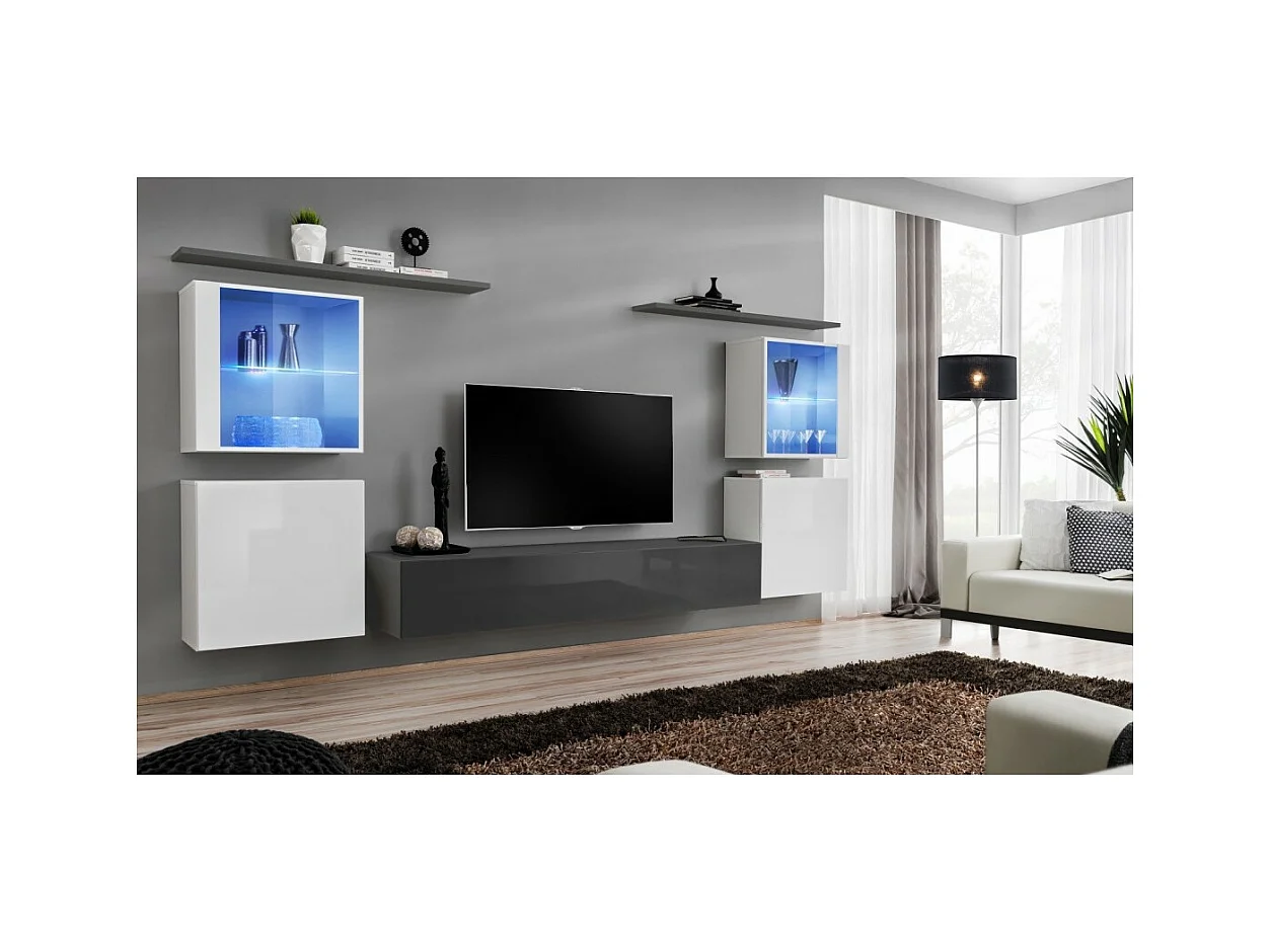Mobile da salotto a parete SWITCH XIV design, colore grigio e bianco lucido.