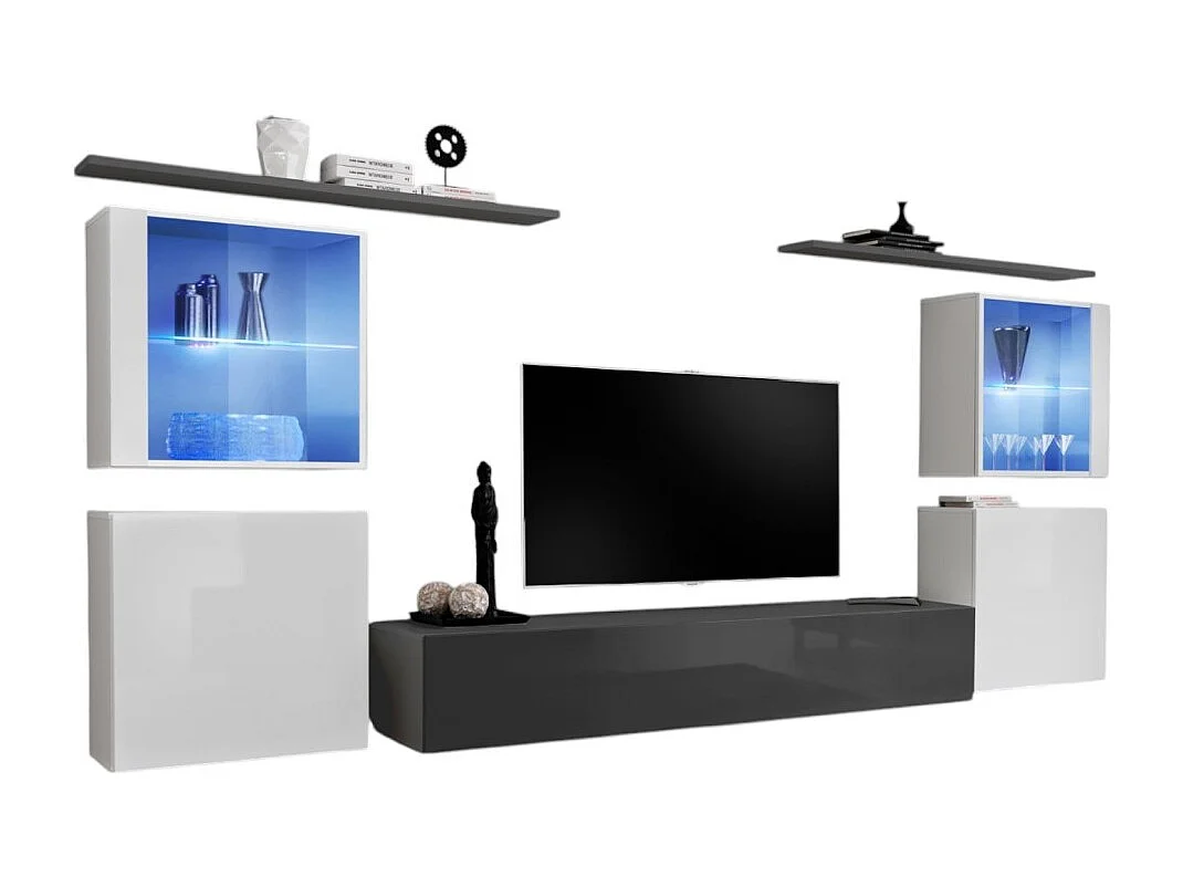 Wandmeubelset voor de woonkamer SWITCH XIV design, in glanzend grijs en wit.
