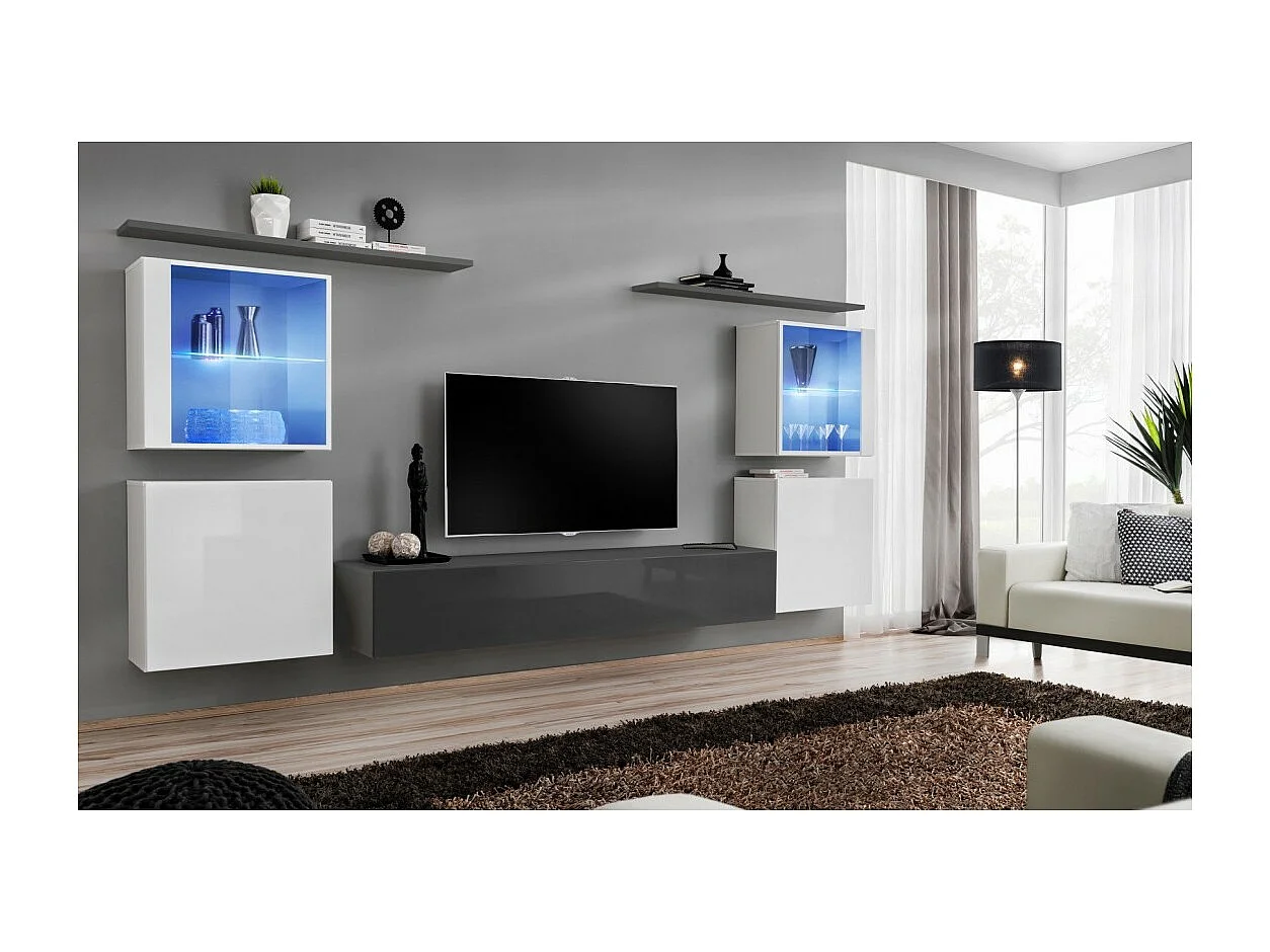 Wandmeubelset voor de woonkamer SWITCH XIV design, in glanzend grijs en wit.