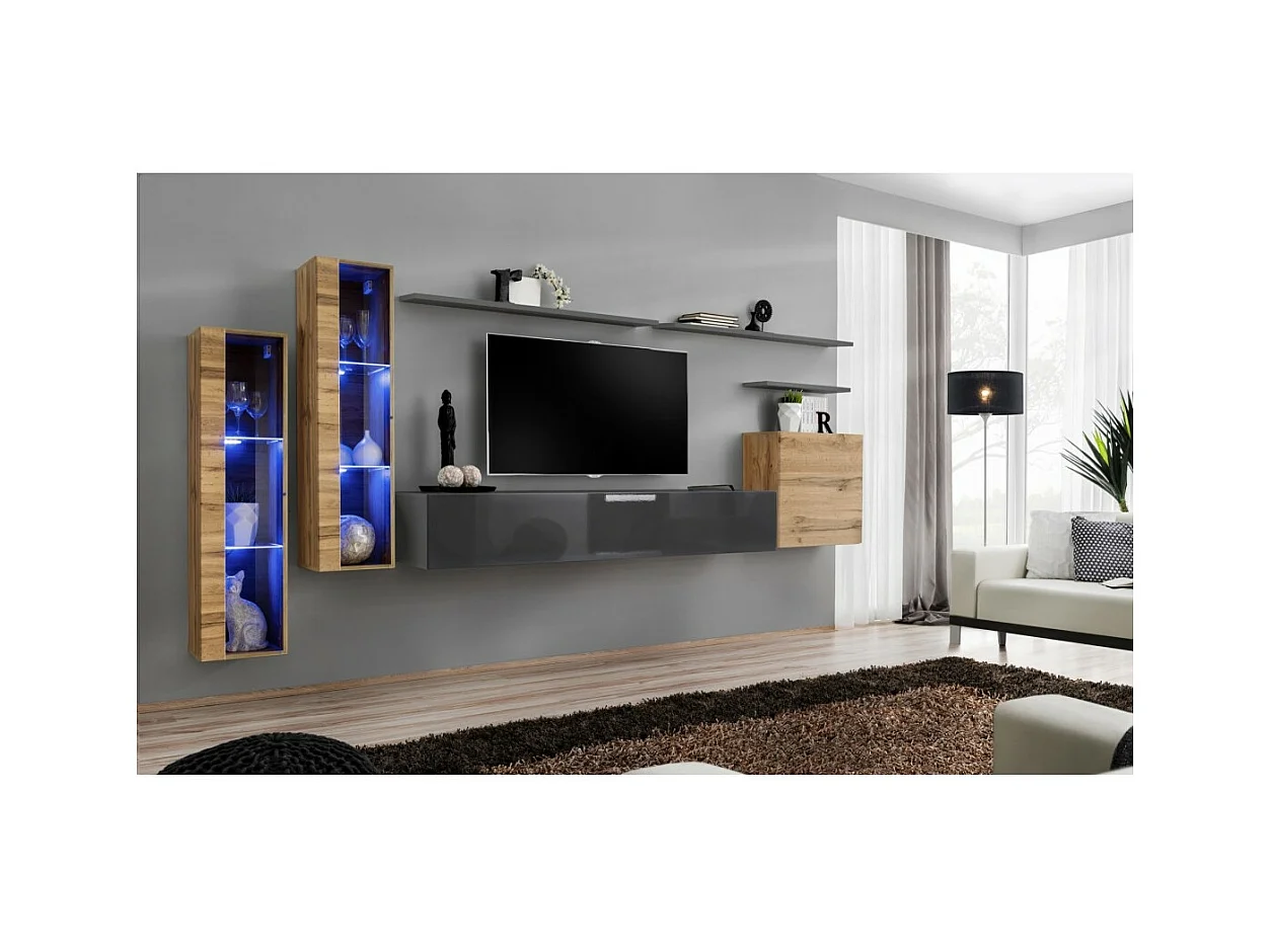 Wohnzimmerwandmöbel-Set SWITCH XI Design, in glänzendem Grau und Wotan-Eiche.