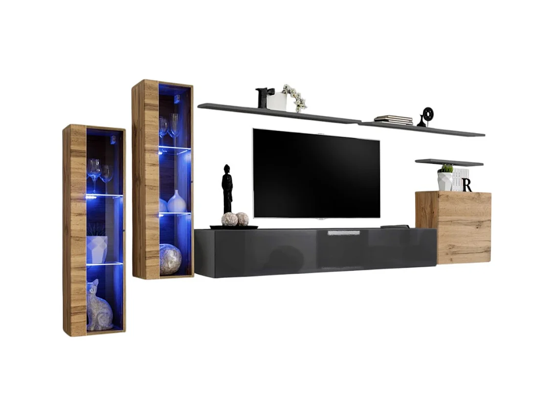 Wandmeubelset voor de woonkamer SWITCH XI design, in glanzend grijs en Wotan eiken kleur.