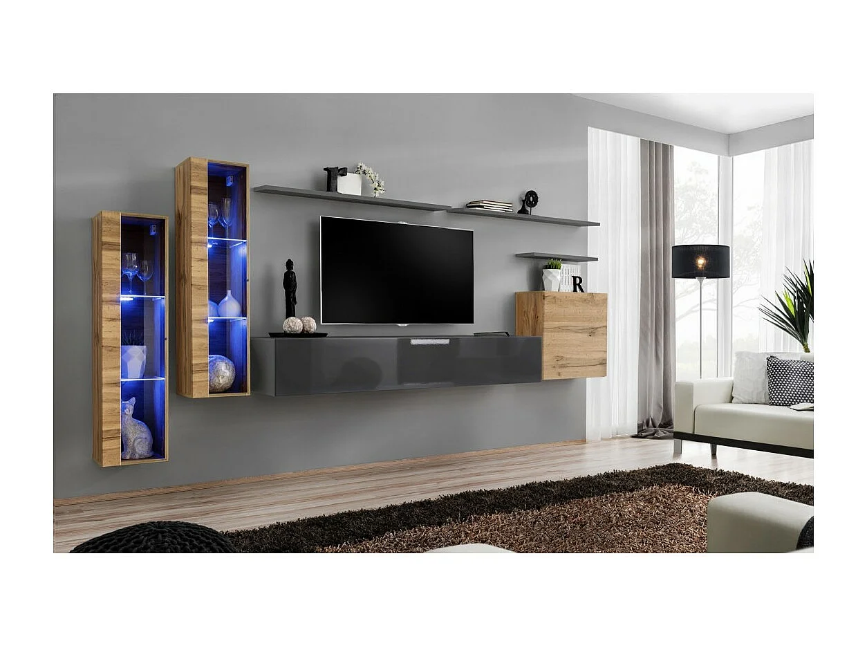 Conjunto de móveis de parede para sala de estar SWITCH XI design, cor cinza brilhante e carvalho Wotan.
