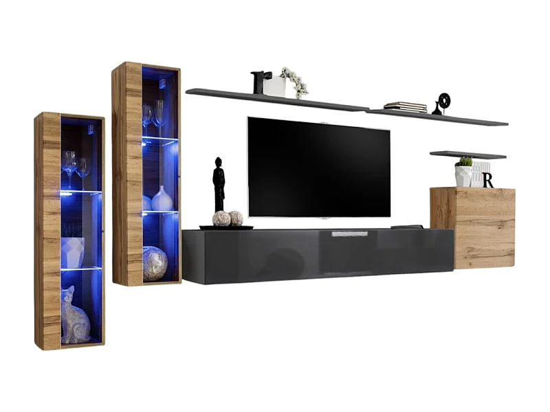 Wandmeubelset voor de woonkamer SWITCH XI design, in glanzend grijs en Wotan eiken kleur.