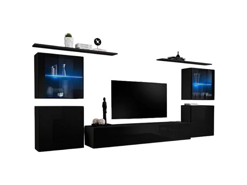 Wandmeubelset voor de woonkamer SWITCH XIV design, in glanzend zwart.