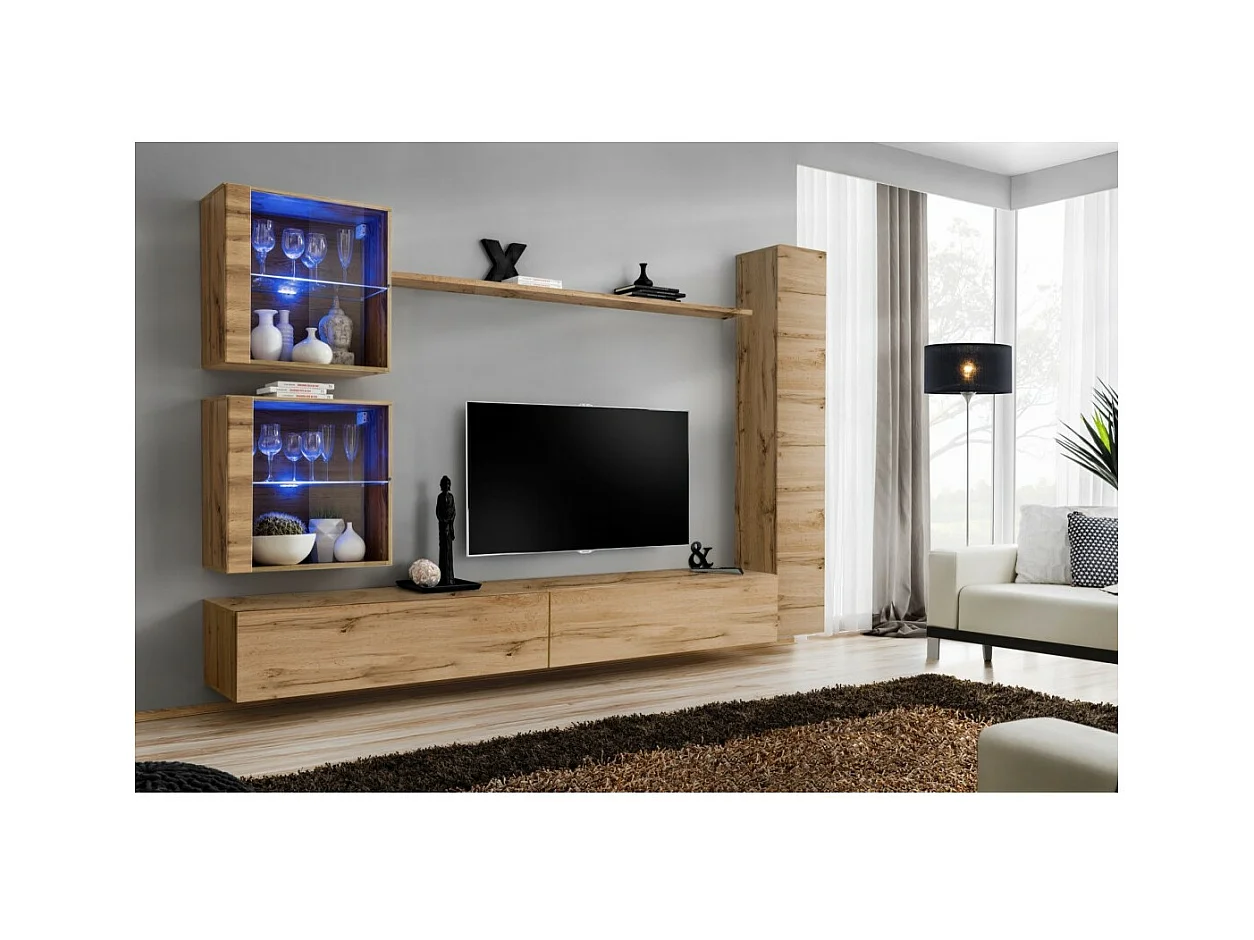 Ensemble meuble salon mural SWITCH XVIII design, coloris chêne Wotan.