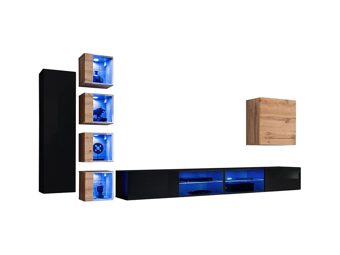 Ensemble meubles de salon SWITCH XXVI design, coloris noir et chêne.