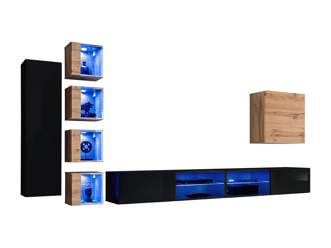 Ensemble meubles de salon SWITCH XXVI design, coloris noir et chêne.