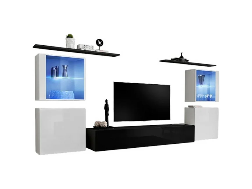 Ensemble meuble salon mural SWITCH XIV design, coloris noir et blanc brillant.