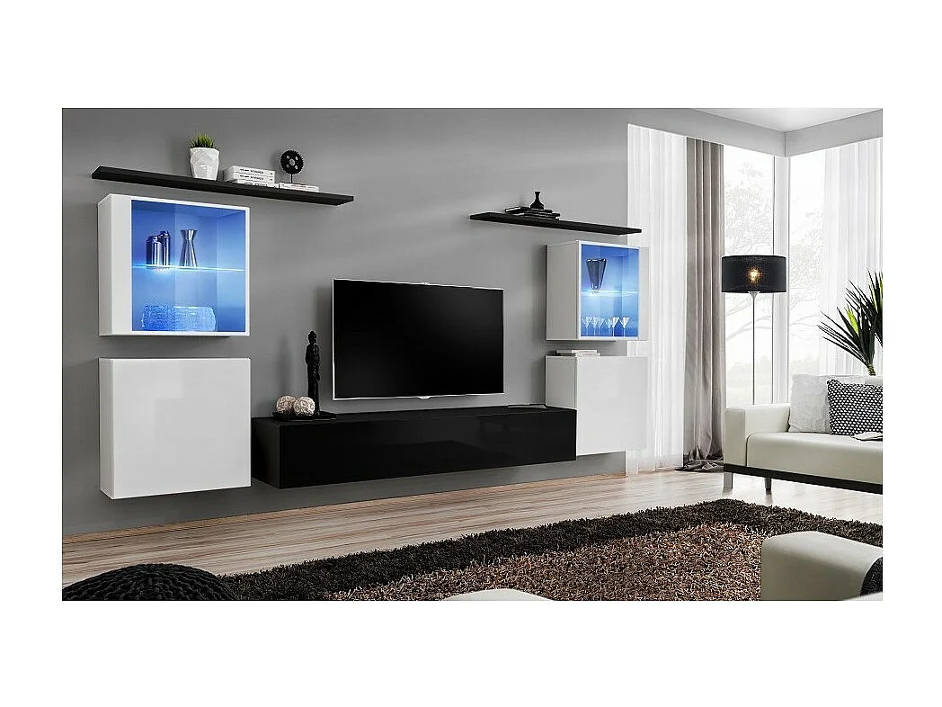 Ensemble meuble salon mural SWITCH XIV design, coloris noir et blanc brillant.