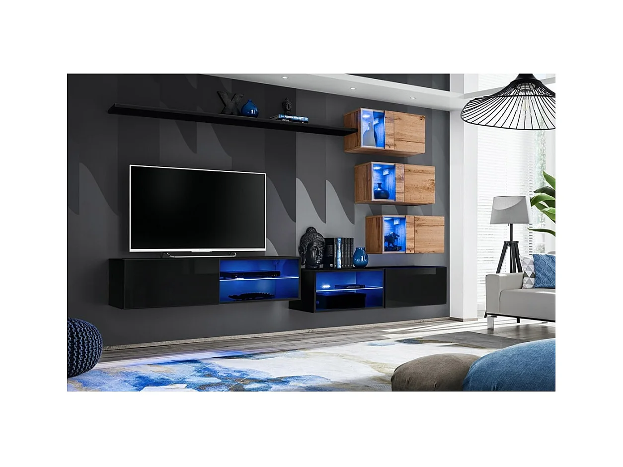 Conjunto de móveis para sala de estar SWITCH XXIV, design, cor preta e carvalho.