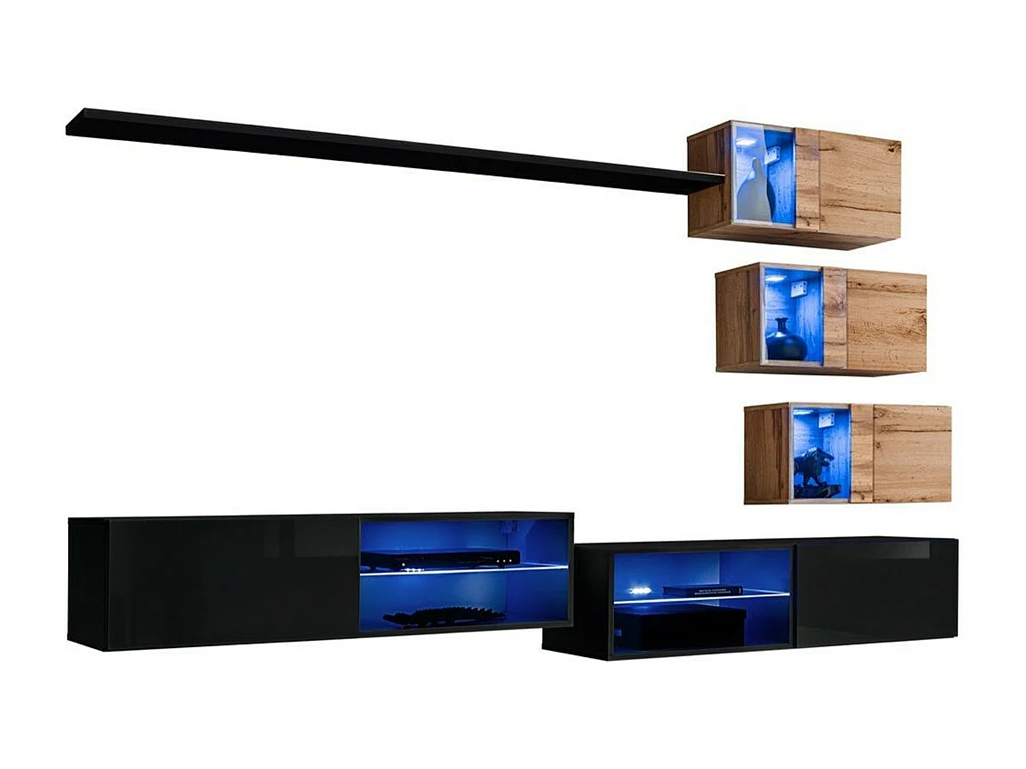Ensemble meubles de salon SWITCH XXIV – LED – Noir et Chêne – Composition murale design