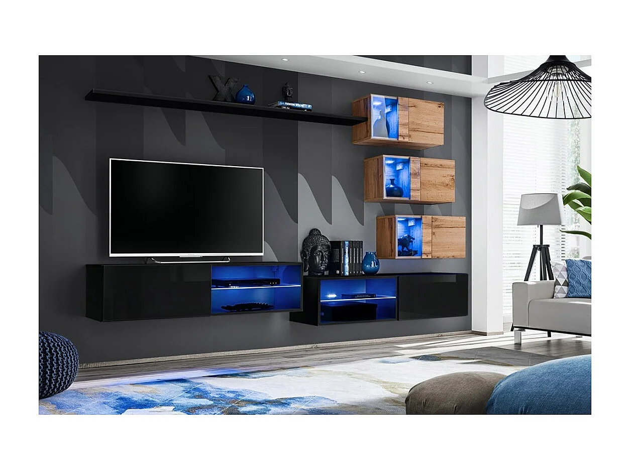 Ensemble meubles de salon SWITCH XXIV – LED – Noir et Chêne – Composition murale design