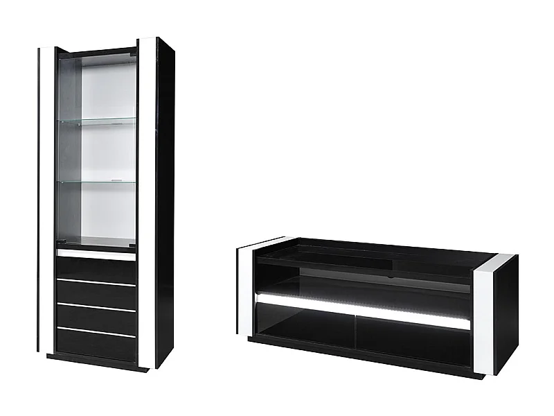 Schwarzes und weißes LINA-Set: Vitrine und TV-Möbel mit LED