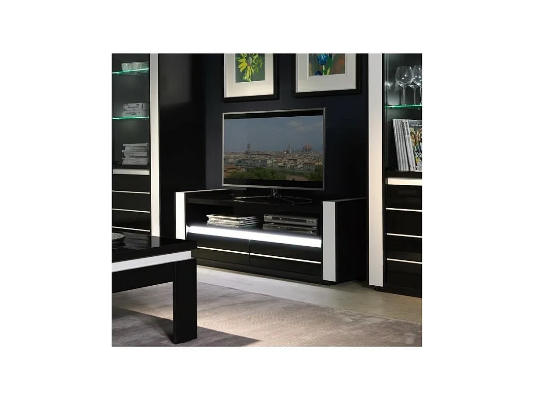 Schwarzes und weißes LINA-Set: Vitrine und TV-Möbel mit LED