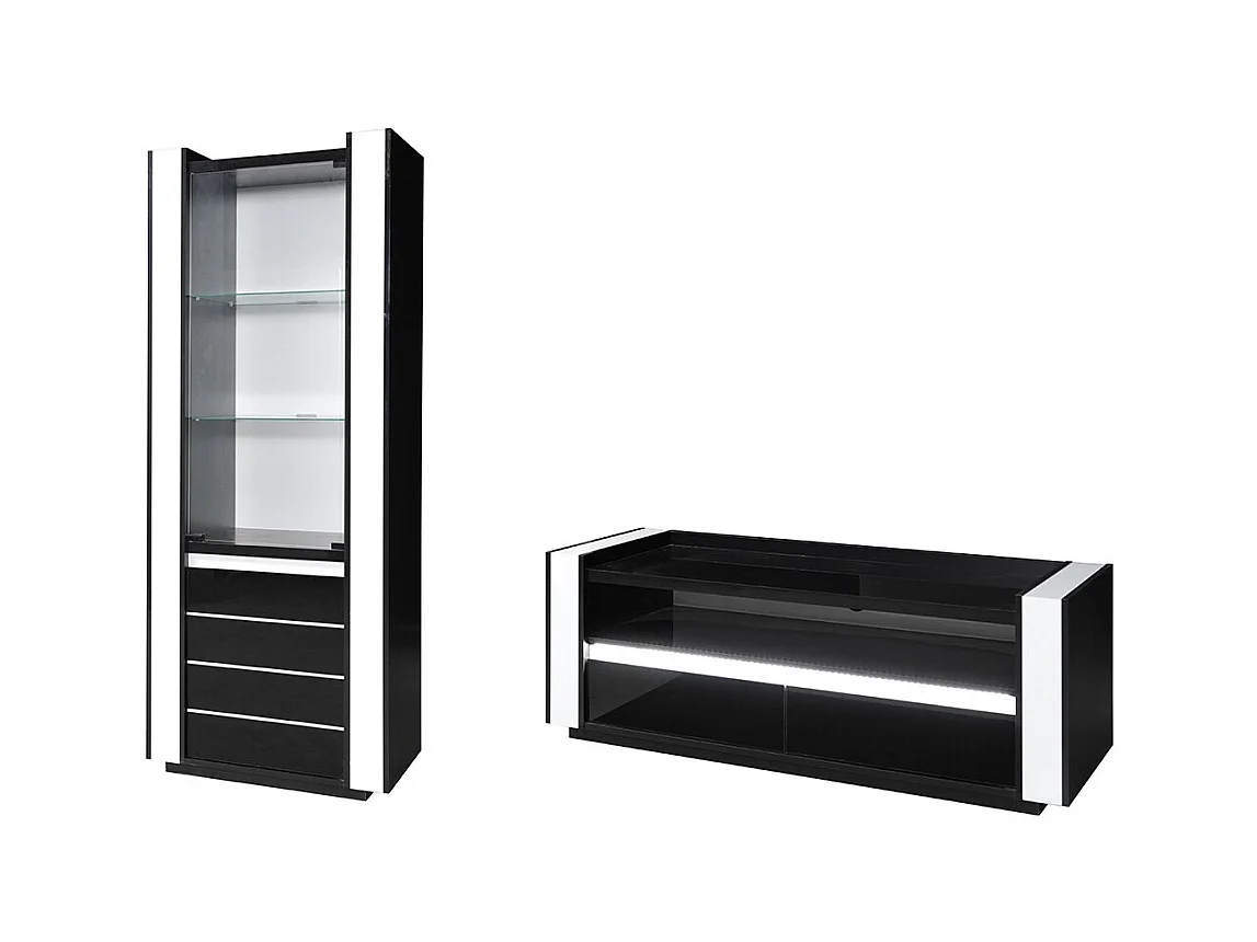 Ensemble LINA noir et blanc : vitrine et meuble TV avec LED