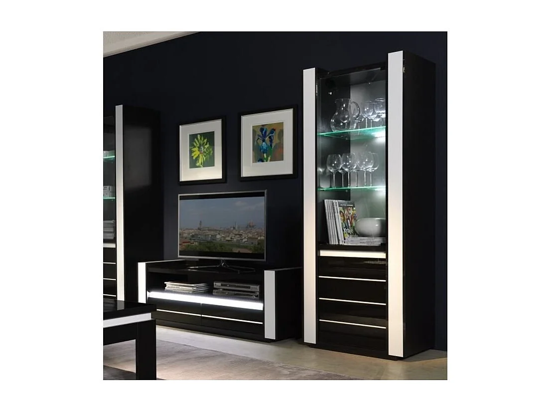 Ensemble LINA noir et blanc : vitrine et meuble TV avec LED