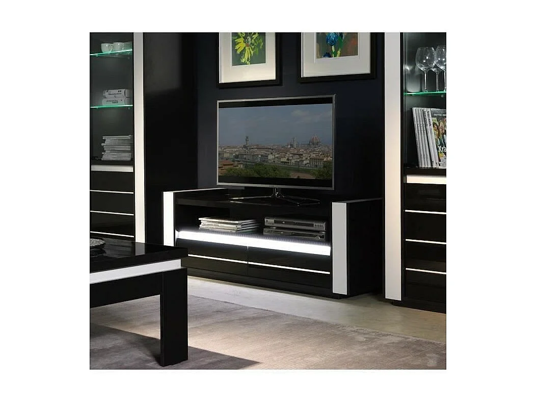 Ensemble LINA noir et blanc : vitrine et meuble TV avec LED