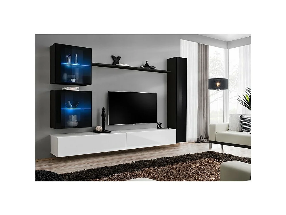 Conjunto de muebles de salón mural SWITCH XVIII diseño, color blanco y negro brillante.