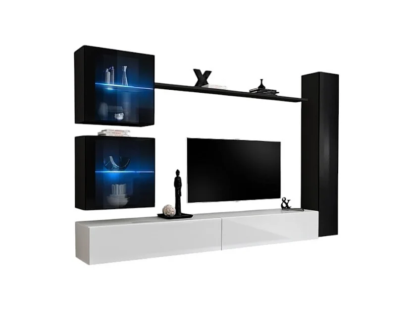 Ensemble meuble salon mural SWITCH XVIII design, coloris blanc et noir brillant.