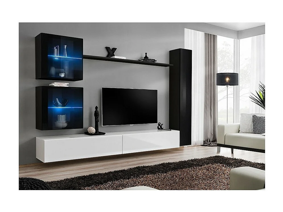Ensemble meuble salon mural SWITCH XVIII design, coloris blanc et noir brillant.
