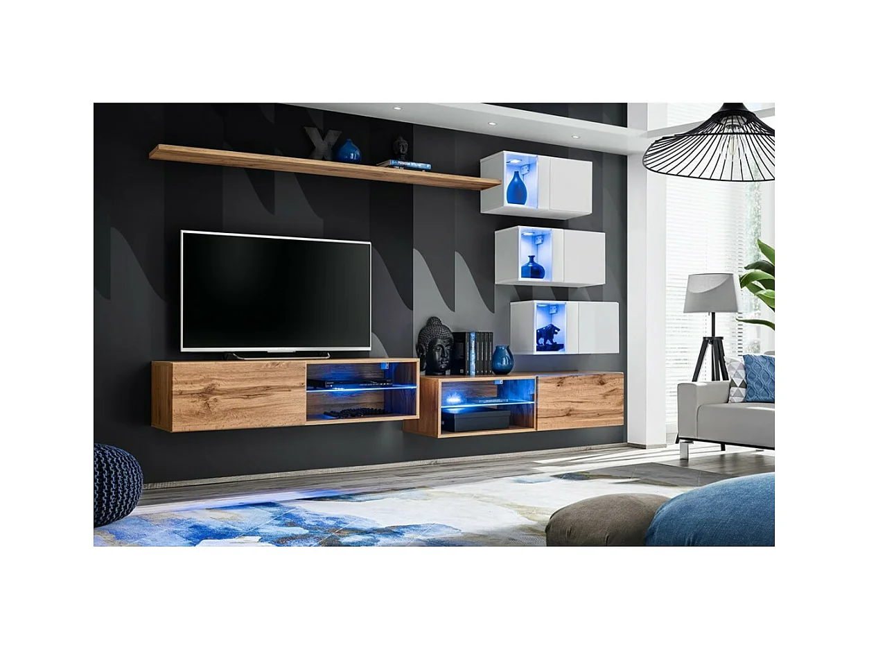 Ensemble meubles de salon SWITCH XXIV design, coloris chêne et blanc.