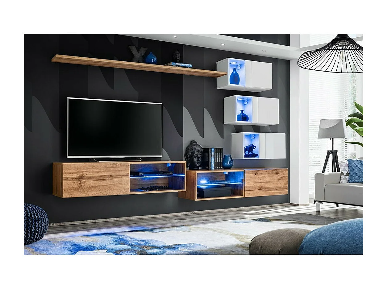 Ensemble meubles de salon SWITCH XXIV design, coloris chêne et blanc.