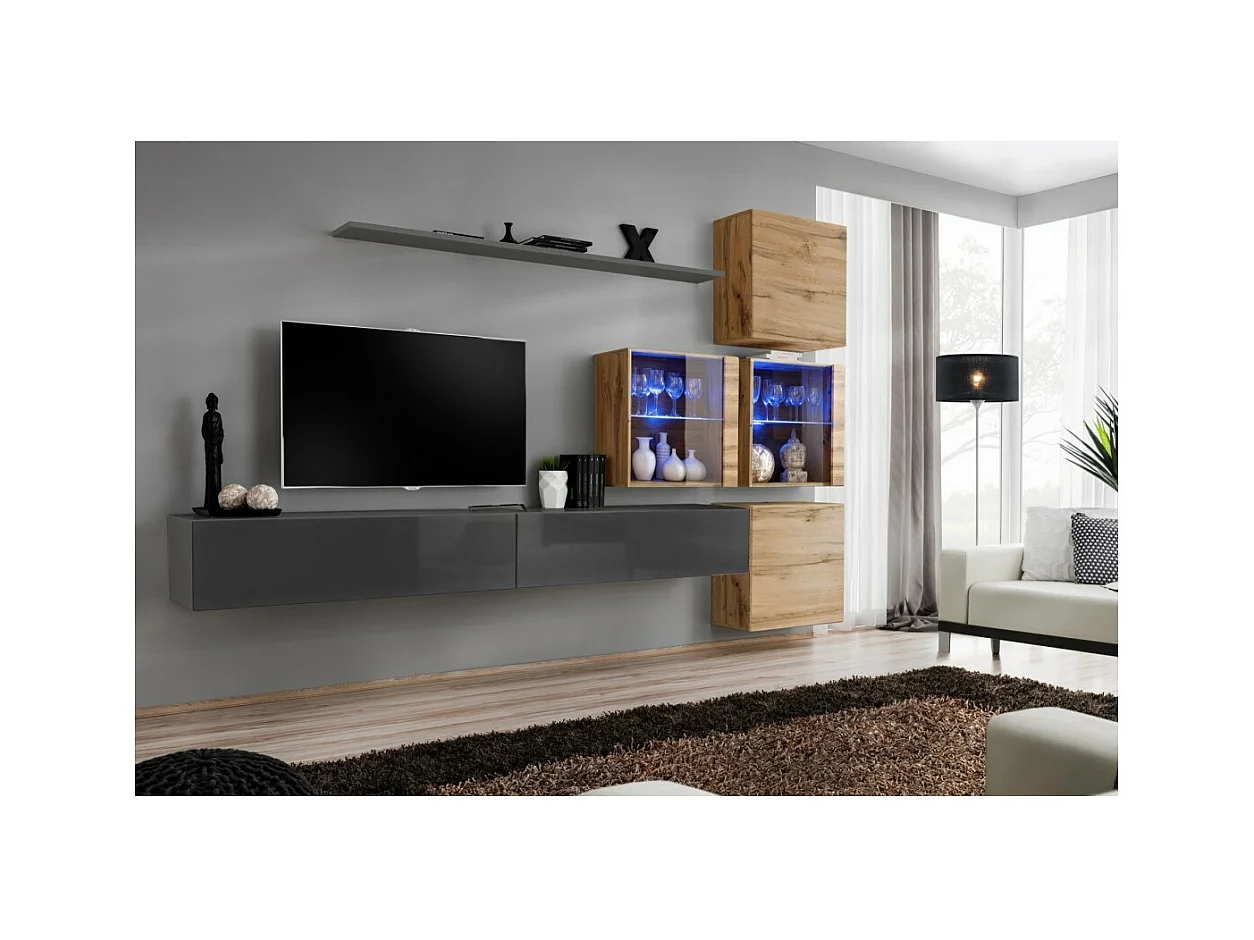 Ensemble meubles de salon SWITCH XIX design, coloris gris brillant et chêne Wotan.