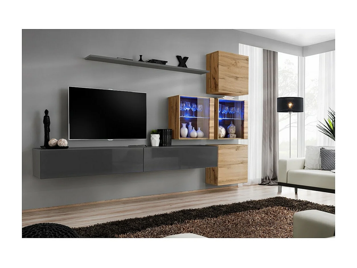 Ensemble meubles de salon SWITCH XIX design, coloris gris brillant et chêne Wotan.