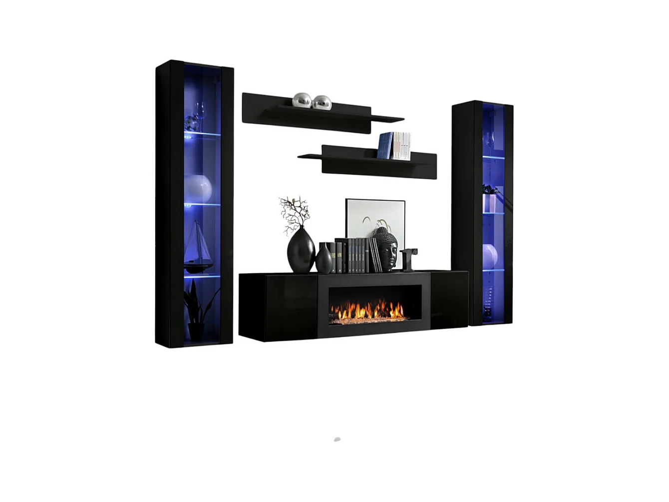 Conjunto de muebles colgantes con chimenea decorativa colección FLY M2. Color negro.