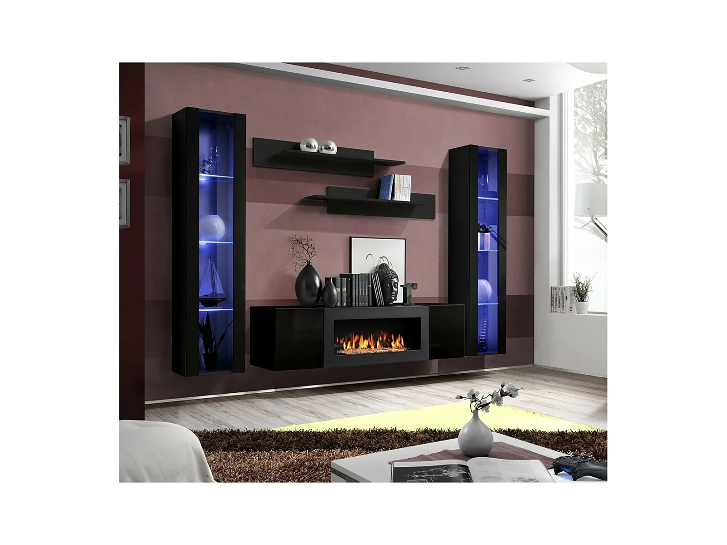 Conjunto de muebles colgantes con chimenea decorativa colección FLY M2. Color negro.