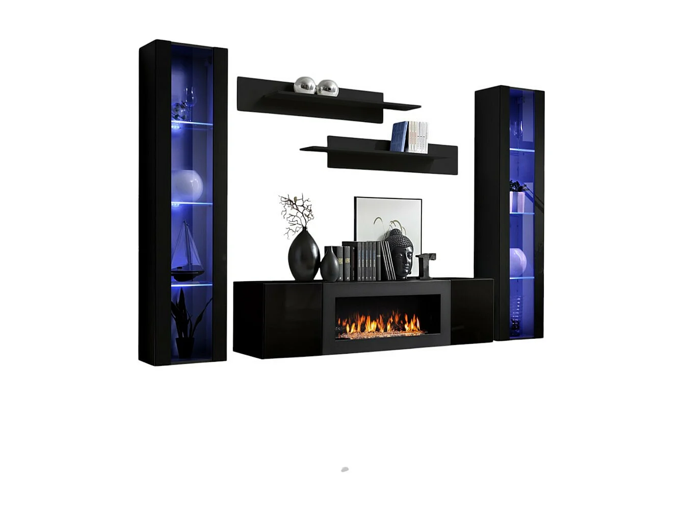 Conjunto de muebles colgantes con chimenea decorativa colección FLY M2. Color negro.